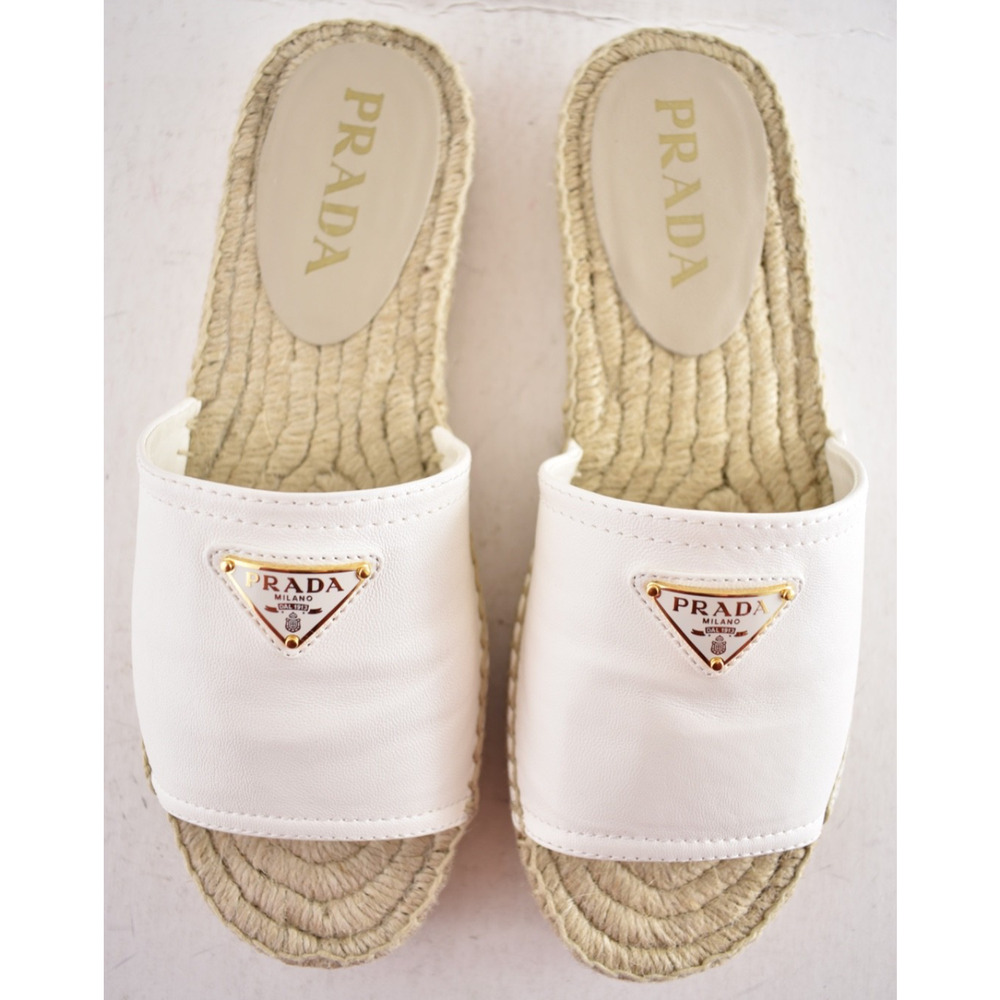 Prada Gold Triangle Logo Avorio White Leather Espadrille Slide Sandal Flat 37 - Picture 11 of 16